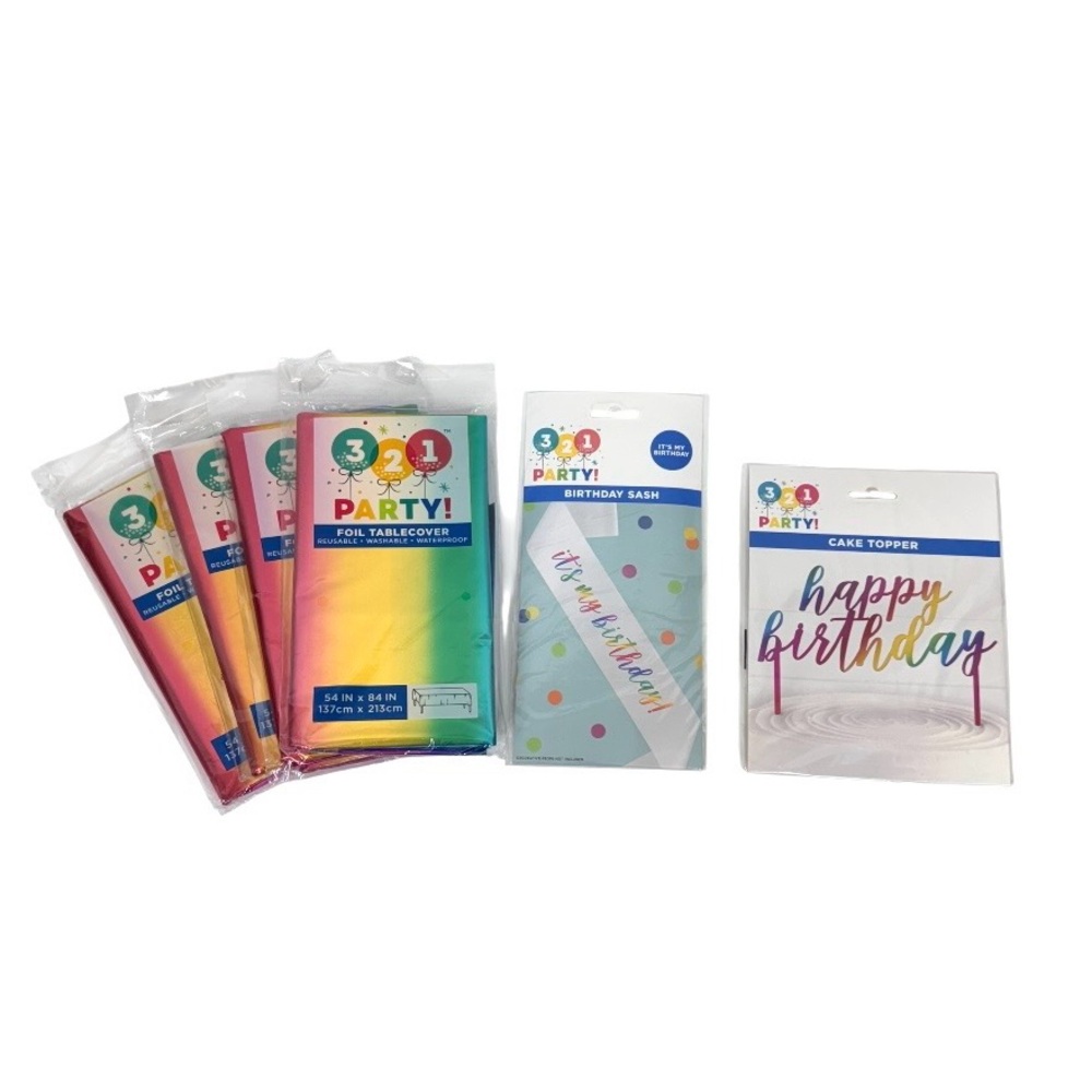 321 Ombre Rainbow Birthday Party Pack 4 Tablecovers Plus Sash & Cake Topper Nwt